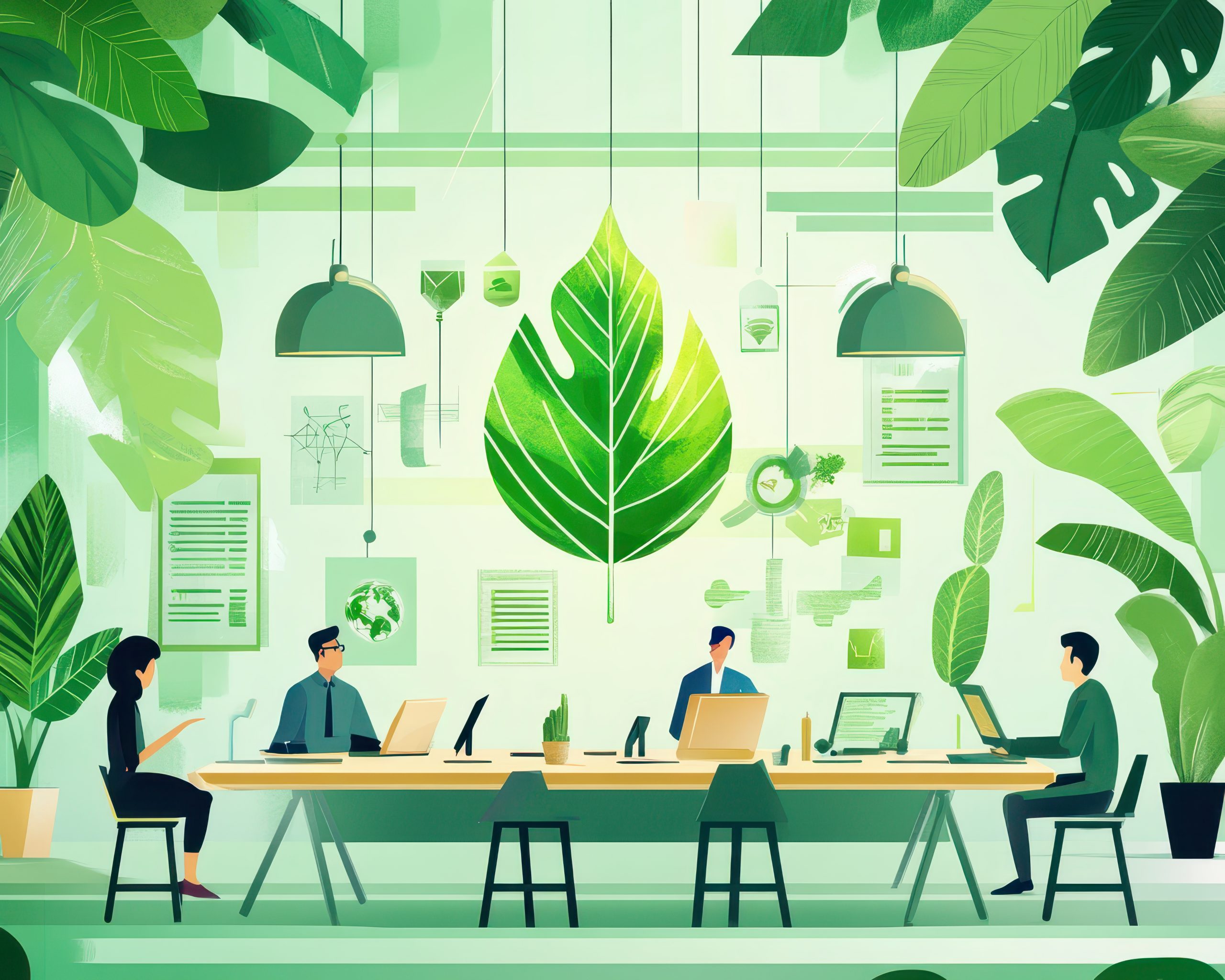 Entrepreneurs pitching ecofriendly tech solutions in a greenthemed workspace, sustainable innovation, environmental focus